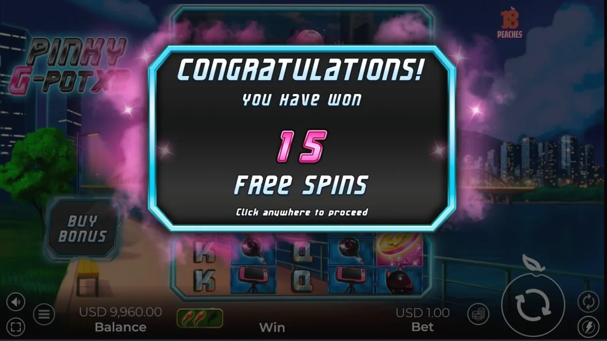Interface neon do slot Pinky G-Pot X2 com elementos de corrida urbana