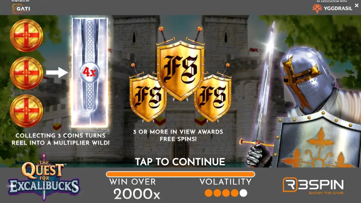 Interface do jogo The Quest for Excalibucks com tema medieval