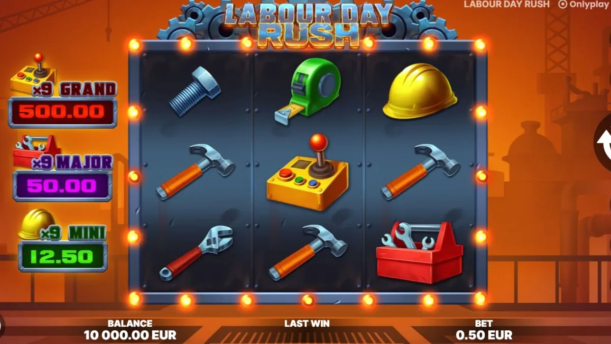 Interface do slot Labour Day Rush com tema industrial